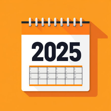 Calendar Page for the Year 2025 on Vibrant Orange Background With Long Shadow Flat Design.の素材