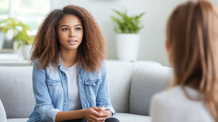 Young Woman Talking to Therapist in a Bright and Spacious Office, Mental Health Supportの素材