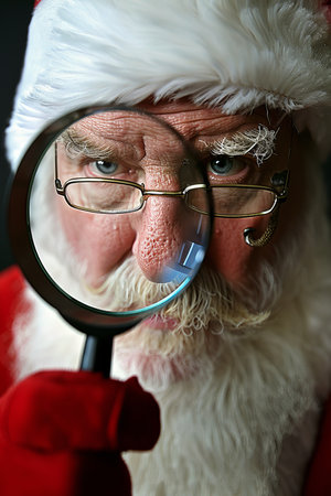 Santa Claus Peering Through Magnifying Glass, Checking His List, Festive Holiday Themeの素材