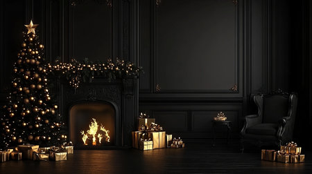 Elegant Christmas Interior Background, Black and Gold Decorations. Festive Luxurious Room Design,の素材