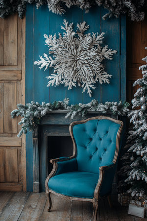 Elegant Blue Velvet Armchair by Fireplace Decorated for Christmas, Cozy Festive Interior Designの素材