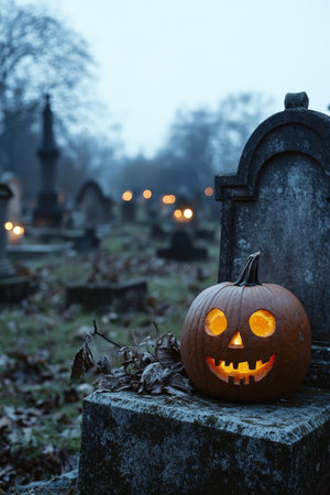 Halloween Pumpkin in Graveyard with Candlelight, Creating an Eerie Atmosphere for the Autumn Holidayの素材