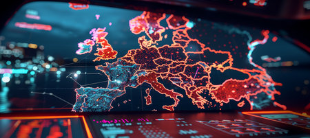 Europe Map Outlines in Bright Colors with Technology Theme and Financial Information Graphs belowの素材