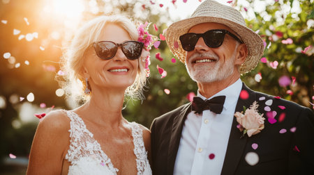 Mature Couple Celebrates Wedding with Joy and Laughter, Showered in Colorful Confetti Petals.の素材