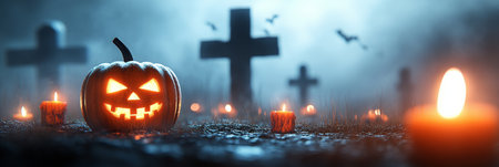Halloween Background, Spooky Pumpkin With Burning Candles In A Scary Cemetery At Night With Crossesの素材