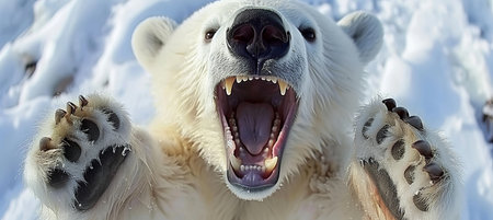 Close Up Portrait, Powerful Paws, Fearsome Roar of Polar Bear on A Snowy Day Exhibiting Sharp Teethの素材