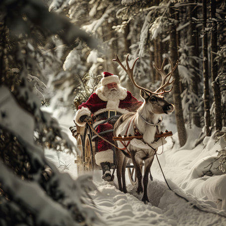 Santa Claus Driving His Sleigh Through Winter Wonderland, Festive Christmas Magic with Reindeerの素材