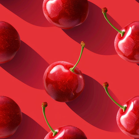Seamless pattern. Fresh, ripe cherries on a bright red background. Summer fruity. Minimal styleの素材