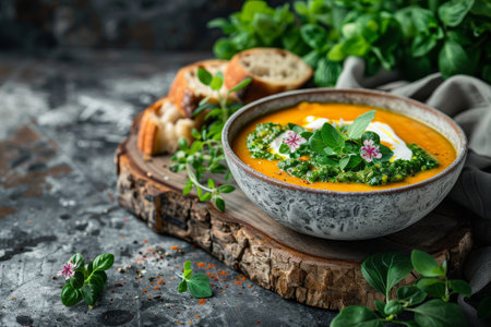 Comforting Autumn Bowl Creamy Pumpkin Soup with Pesto, Sour Cream, Fresh Herbs and Crusty Breadの素材