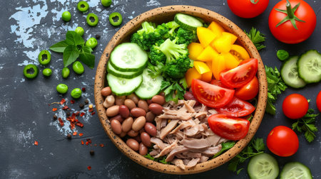 Healthy Tuna Salad Bowl with Fresh Vegetables. Colorful Delicious Lunch, Keto Diet, Top Viewの素材