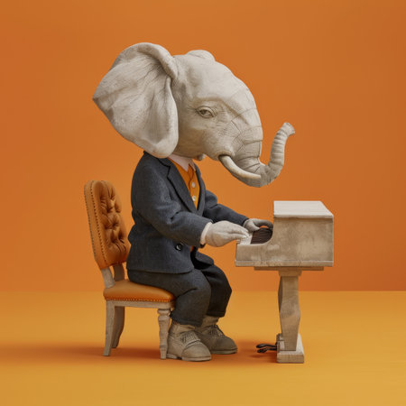 Elephant in a suit plays the elegant piano on orange background, Creative art photo manipulationの素材