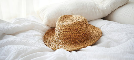 Straw Sun Hat Resting on White Bedding, Summer Vacation Concept, Relax by the Poolside Backgroundの素材