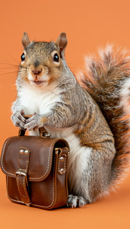 Adorable Grey Squirrel Holding Miniature Brown Leather Briefcase, Isolated on Orange Backgroundの素材
