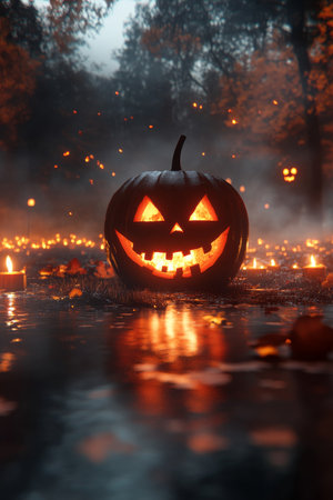 Glowing Jack OLantern. Halloween Pumpkin In Dark Forest, Reflective Water, Eerie Atmosphere.の素材