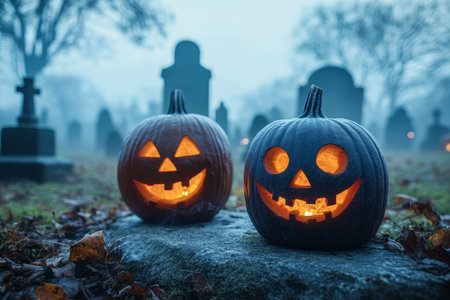 Halloween Jack OLanterns Glowing In Spooky Foggy Graveyard, Eerie Atmospheric Evening Sceneの素材