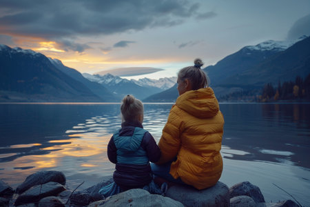 Minimalist scene  mother and daughter watching sunset by lake on rock with soft warm glowの素材