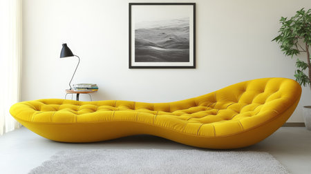 Modern Yellow Chaise Lounge Sofa in Minimalist Living Room Interior with Gray Rug, 3D Renderingの素材