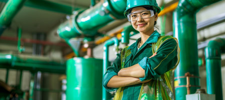 Confident Female Engineer in a Hard Hat with Arms Crossed Stands in an Industrial Plant Settingの素材