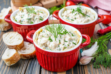 Three Red Ramekins of Chicken Pot Pie with Puff Pastry, Garnished with Dill and Herbsの素材