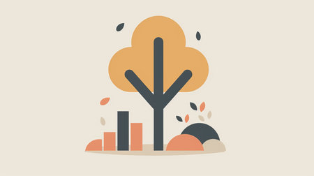 Tree graphic with bar graph displaying decrease in carbon emissions from wood pelletsの素材