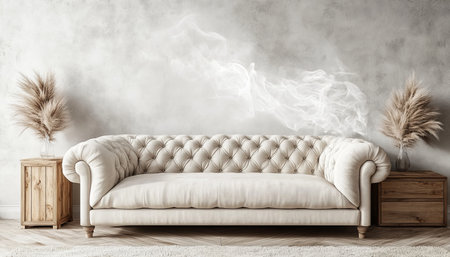 Elegant white sofa, grunge wall with decorative plaster, and pampas grass in vases, 3d illustrationの素材