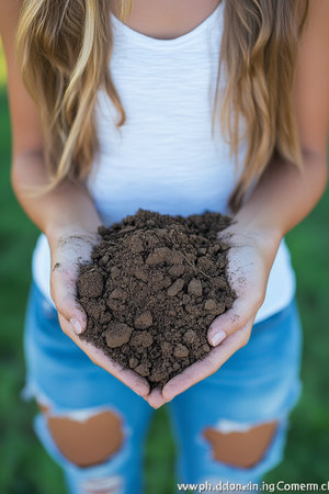 Woman Holding Rich Soil in Her Hands, Promoting Gardening, Agriculture, and Sustainable Practices.の素材