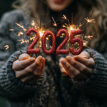 Woman Holding Sparkling 2025 Numbers Celebrating New Year with Festive Sparkler Lightsの素材