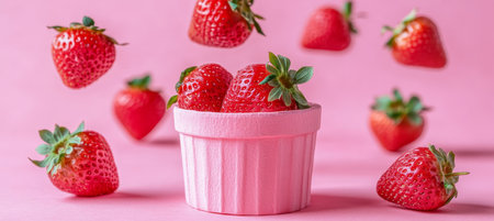 Fresh Ripe Sweet Vibrant Red Strawberries, Some Flying, on a Pink Background, Spring Greeting Cardの素材