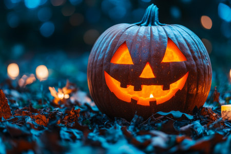 Glowing Halloween Pumpkin. Jack O Lantern Sitting on Fall Leaves at Night, Festive Atmosphereの素材