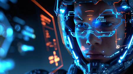 Futuristic Pilot In Spaceship Cockpit With HUD Interface And Neon Lights. Digital Illustration.の素材