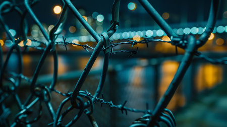 Close Up Of Barbed Wire Fence At Twilight, With Blurred City Lights In The Background.の素材