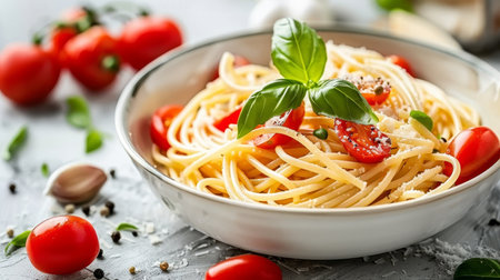 Classic Italian Spaghetti with Fresh Cherry Tomatoes, Basil, Garlic, and Parmesan Cheese. Top Viewの素材