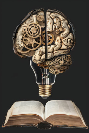 Human Brain As Light Bulb With Gears And Leaves Above Open Book. Concept Of Creativityの素材
