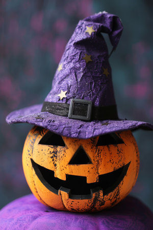 Smiling Halloween Pumpkin with Carved Face Wearing a Purple Witchs Hat on a Purple Backgroundの素材