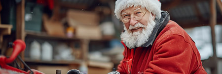 Joyful Senior Man in Santa Hat and Red Jacket, Exuding Holiday Cheer in Snowy Workshopの素材