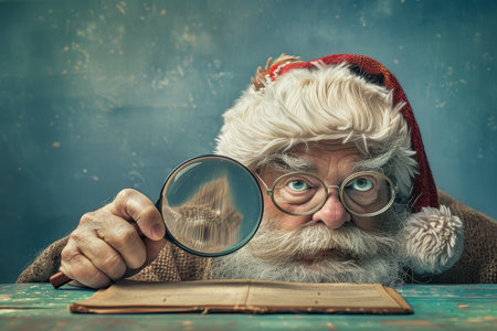 Curious Santa Claus Examining a Miniature House in a Magnifying Glass Against a Festive Backgroundの素材