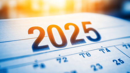 Year 2025 in Close-Up Photo on Calendar Page. Planning, Time, New Year, and Goals Concept.の素材