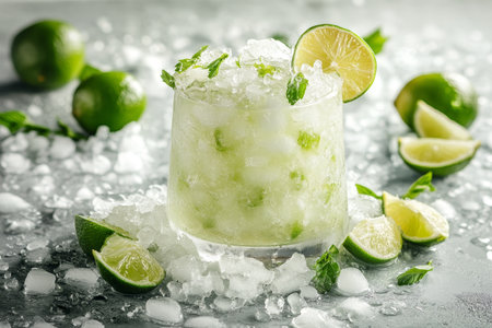 Close Up of a Refreshing Cold Cocktail with Lime, Mint, and Ice on a Grey Background.の素材