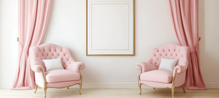 Elegant pink interior with two armchairs, long curtains, and a blank frame mockup on the wallの素材