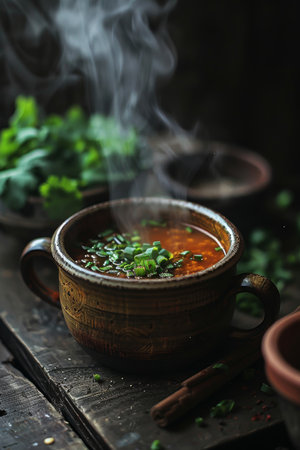 Steaming Bowl of Rustic Soup with Fresh Herbs on a Wooden Table, Perfect for Food Photographyの素材