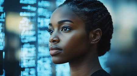 Focused Young Black Woman Contemplating Data Analysis, Software Development, and Technologyの素材