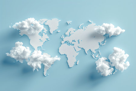 White World Map with a Textured Surface Surrounded by Fluffy Clouds on a Soft Blue Backgroundの素材