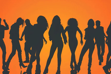 Group of Eight. Silhouettes of People Dancing On Orange Gradient. Party Time, Celebration, Nightlifeの素材