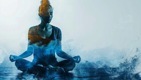 Serene Woman Meditating, Double Exposure with Smoke and Water Creating Artistic Abstract Effectの素材