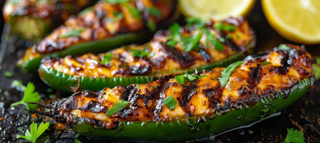 Closeup of Grilled Jalape?o Poppers with Melted Cheese, Savory Seasonings and Fresh Cilantroの素材