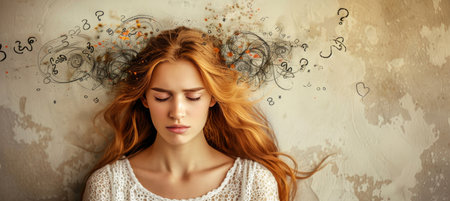 Young Woman with Worried Expression and Tangled Lines, Numbers, and Question Marks Around Her Headの素材