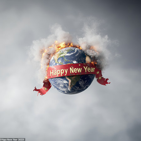 Burning Planet Earth with Happy New Year Ribbon, Climate Change Concept. 3D Illustration.の素材