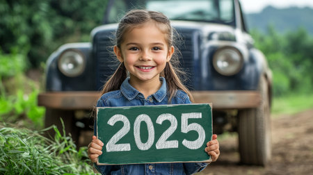 Happy Little Girl Holding a Sign with The Year 2025, Celebrating New Year In Front of Vintage Truckの素材