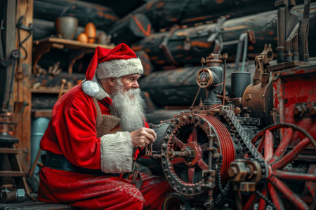 Santa Claus Prepares for Christmas, Repairing a Vintage Steam Engine Toy in his Workshopの素材