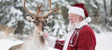 Santa Claus Checking Up On Reindeer in a Beautiful Snowy Forest., Christmas Preparation and Careの素材